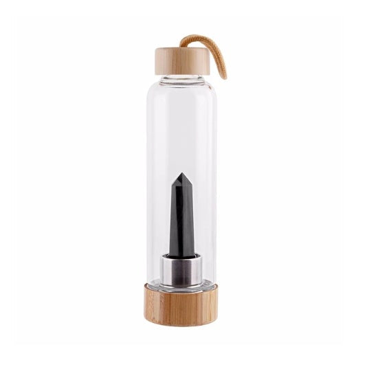 Crystal Infused Water Bottle – Glass Elixir Bottle with Gemstones & Bamboo Cap | For Energy, Balance and Mindful Hydration