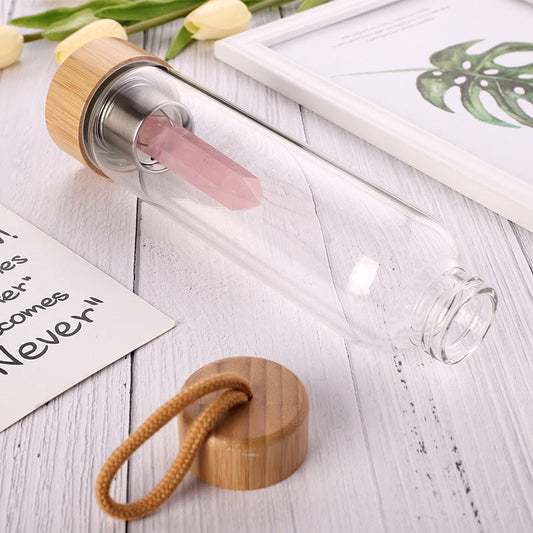Crystal Infused Water Bottle – Glass Elixir Bottle with Gemstones & Bamboo Cap | For Energy, Balance and Mindful Hydration