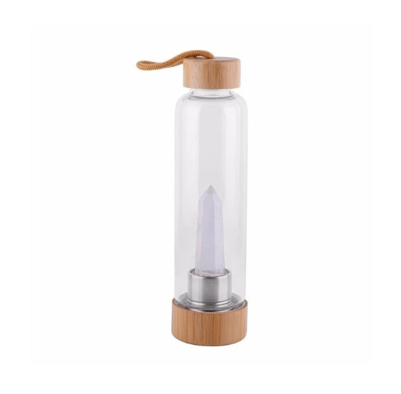 Crystal Infused Water Bottle – Glass Elixir Bottle with Gemstones & Bamboo Cap | For Energy, Balance and Mindful Hydration